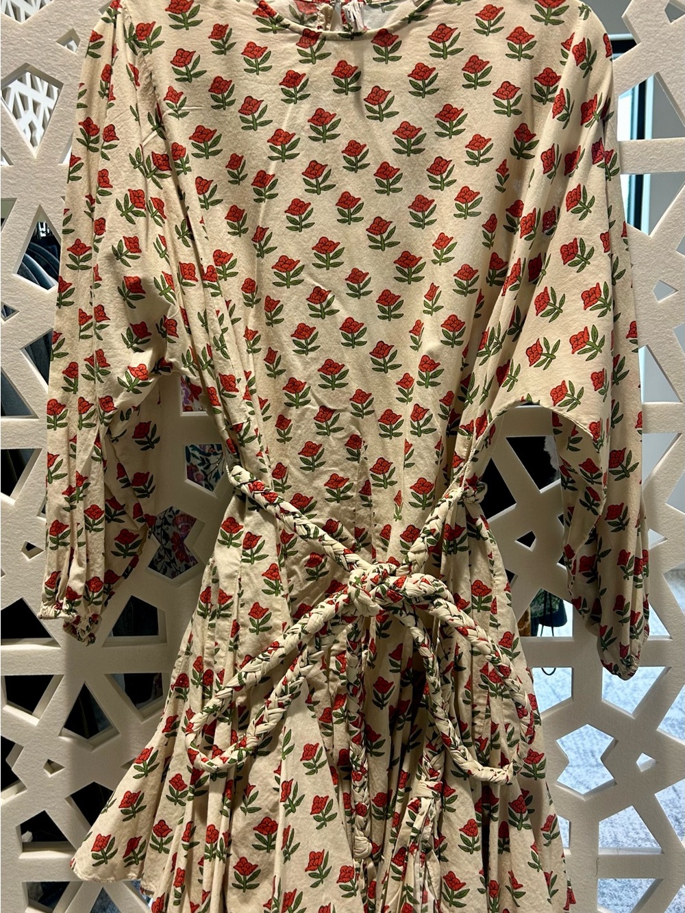 RHODE Cream Mini Dress with Red Rose Print